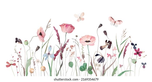 Summer meadow. Cute watercolor flowers horizontal border isolated on white background. Illustration for card, border, banner or your other design. 