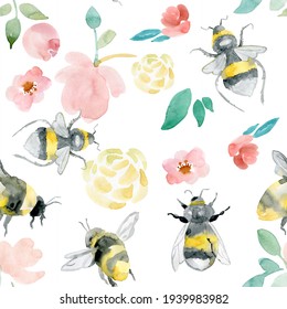 Summer meadow flowers, wild grasses, butterflies, honey bee. Seamless floral pattern. Watercolor