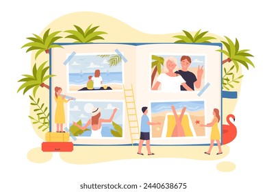 Summer memories in photo album illustration. Cartoon tiny people remember best time with family and friends on travel vacation to tropical beach, characters watching book with pictures - Powered by Shutterstock