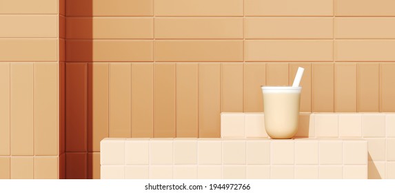 Summer Mockup Background For Product Presentation. Milk Tea And Beige Podium On Brown Ceramic Tile. Clipping Path Included. 3d Rendering Illustration. 