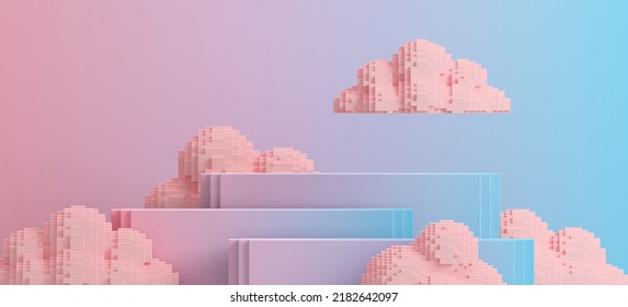 Summer mockup concept for product presentation  Blue gradient podium   pink pixel cloud scene  Clipping path each element included  3d rendering illustration  