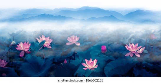 In summer morning, lotus, pond and distant mountain clouds and fog. Large and wide ink landscape painting in Chinese painting  and 3D illustration style.
