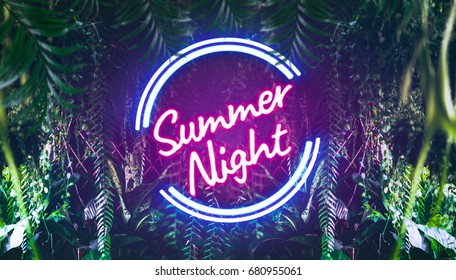 Summer Night neon font light in tropical jungle with tropic leaves, exotic palm leaf, rainforest plant. For your unique neon summer poster ; party invitation, poster, beach party, banner,  - Powered by Shutterstock