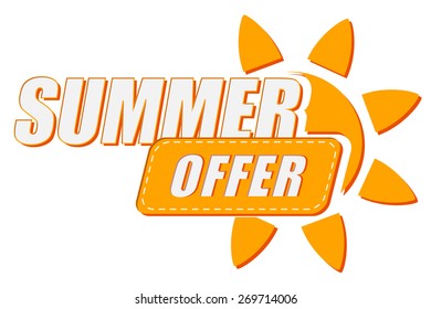 summer offer with sun sign, flat design label, business seasonal shopping concept