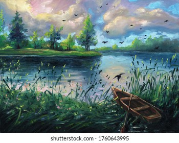 Summer Oil Painting Nature Forest Landscape Background On Canvas With Evening Sunset, Lake, Green Trees, Clouds, Blue Sky, Outdoor Hand Drawn Illustration With Reflections On River, Drawing Art.