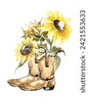 Summer on the farm. A bouquet of yellow sunflower flowers and buds with green large leaves in brown high cowboy boots with low heels. Hand drawn watercolor illustration for your design