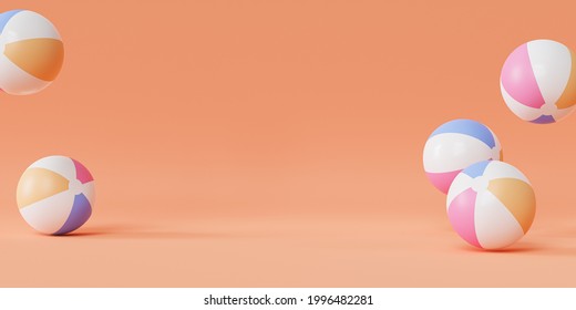 Summer Orange Banner Background With Inflatable Beach Balls, Copy Space, Minimal 3d Render