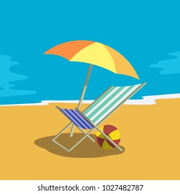 Summer Outdoors Icon. Freehand Drawn Cartoon Retro Style Signs. Template For Vacation Invitation Emblem. Season Holiday Leisure Banner Background. Picnic Chair, Sun Umbrella And Ball On Beach Sand