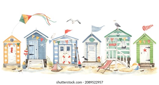 Summer panoramic banner, card, print with beach huts, seagulls, sandpipers and design elements, symbols hobbies and leisure on coast sea, ocean or lake. Marine watercolor illustration, beach landscape