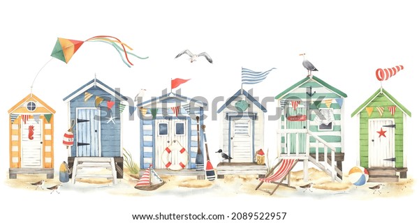 Summer panoramic banner, card, print with beach\
huts, seagulls, sandpipers and design elements, symbols hobbies and\
leisure on coast sea, ocean or lake. Marine watercolor\
illustration, beach\
landscape