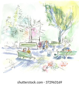 Summer Park, Sketch, Watercolor