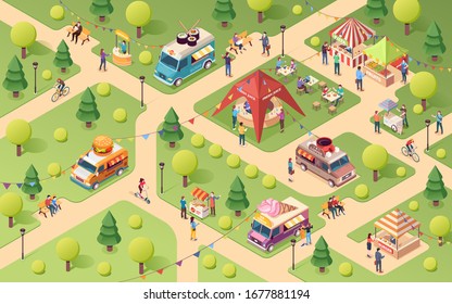 Summer Park At Street Food Festival. Van Or Truck With Sushi And Ice-cream, Coffee And Burger. Lemonade Counter, Juice Tent, Pizza And Fruits Stall, Hot-dog Snack. Isometric Outdoor Holiday Sign