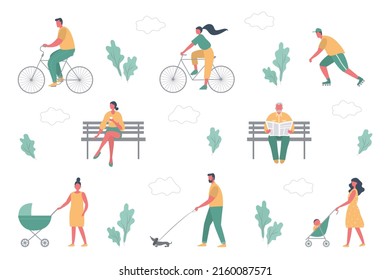 Summer people activities in park. Men and women are resting: ride a bicycle, roller skate, walk with a stroller, read a newspaper,  drink coffee, walk a dog. Healthy lifestyle concept. Raster