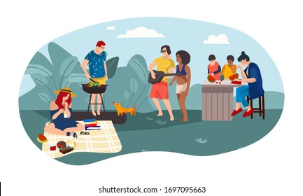 Summer people BBQ. Cartoon parents and children spending time together picnic girl party.  illustration friends summer activities outdoors background - Powered by Shutterstock