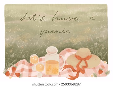 Сolorful summer picnic card with a straw hat, jar lemonade, fresh strawberries. Hand drawn invitation for picnic party. Spring sunny day outdoors card - Powered by Shutterstock