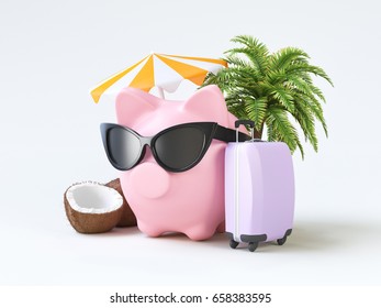 Summer Piggy Bank, Saving Money For Holiday, 3d Render