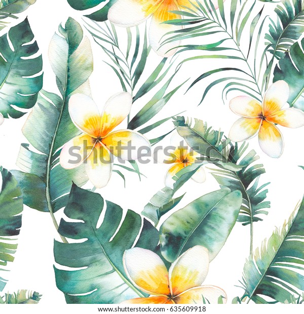 夏のプルメリアの花 ヤシの木 バナナの葉のシームレスな模様 白い背景に水彩の花柄のテクスチャーと白い花 緑の枝 手描きの熱帯の壁紙デザイン のイラスト素材