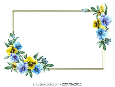 Summer rectangular floral frame with garden blooming pansy flowers. Flower corner arrangement. Hand drawn watercolor illustration isolated on white background for cards, wedding invitations, banner.