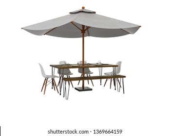 Summer Restaurant Umbrella With Wooden Table And Chairs 3d Render On White Background No Shadow