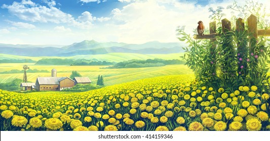 Summer rural landscape with blossoming dandelions flowers and farm on the background.  