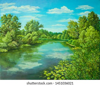 Summer rural landscape in Russia. Sunny day - calm blue summer river with reflection green grass and trees . Original oil painting on canvas. Author s painting.