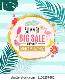 Summer Sale Abstract Banner Background with Palm Leaves  Illustration 