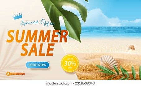 Summer sale ad banner template. Composition of summer sale title on serene seaside background with tropical leaves and seashell. - Powered by Shutterstock