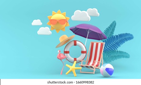 Banner de vânzare de vară cu elemente de plajă 3d pe fundal albastru.-redare 3D.