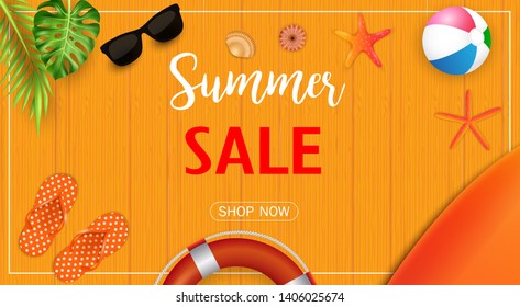 Summer sale banner with beach elements on wooden texture - Powered by Shutterstock