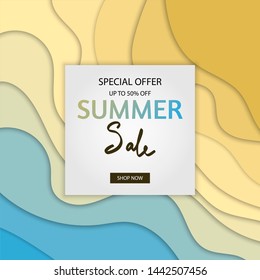 Summer sale banner with paper cut frame on blue sea and beach summer background with curve paper waves and seacoast for banner, flyer, poster or web site design. Paper cut style, vector illustration. - Shutterstock ID 1442507456