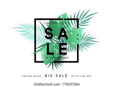 Summer sale banner. Poster tropical leaves  design - Shutterstock ID 776557564