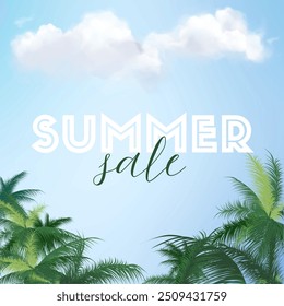 Summer Sale banner for social media with palm tree leaves and clouds - Powered by Shutterstock