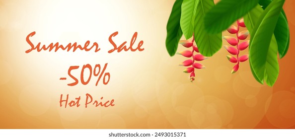 Summer sale banner.Summer Sale poster design for print or web. discount banner.Summer time art design, travel, banner, discount template. Blurred background with leaves and sky. landing pages, headers - Powered by Shutterstock