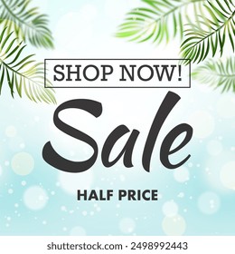 Summer sale banner.Summer Sale poster design for print or web. discount banner.Summer time art design, travel, banner, discount template. Blurred background with leaves and sky. landing pages, headers - Powered by Shutterstock