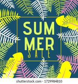 Summer Sale Flat Banner with Cartoon Exotic Jungle Plants. Tropical Exotic Palm Leaves on Dark Green Backdrop. Discount Design. Seasonal Offer. Advertisement Template. Nature Illustration - Powered by Shutterstock