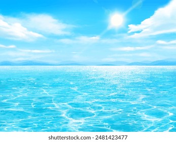 Summer sandy beach - beautiful resort beach frame background illustration of blue sky and sea with sun and clouds. - Powered by Shutterstock