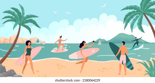 Summer sea activity, surfing on ocean waves. Summer wave and water surfing, surfer on surfboard, active vacation on beach,  illustration - Powered by Shutterstock