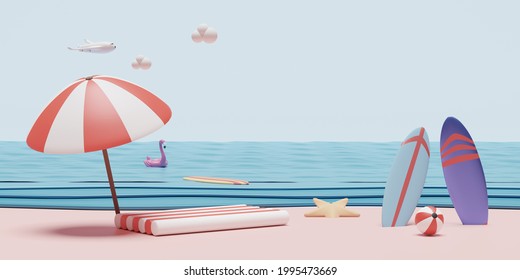 summer sea beach and sky with umbrella, beach ball, Inflatable flamingo, rubber raft, surfboard starfish, plane, cloud landscape background. summer travel concept, 3d illustration, 3d render - Powered by Shutterstock