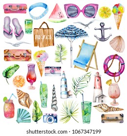 Summer, Sea, Beach And Travel Watercolor Elements Collection, Hand Painted Isolated On A White Background