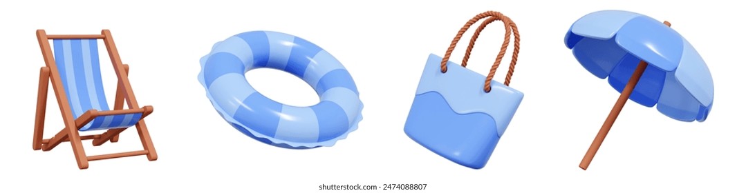 Summer sea beach vacation and swimming pool relax 3d render icons set. Summertime seashore trip and travel design elements - lounge chair and sunshade umbrella, inflatable ring and. 3D Illustration - Powered by Shutterstock