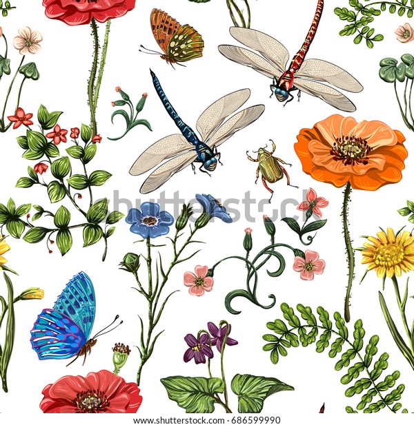夏のシームレスな模様 植物性の壁紙 ビンテージ風の植物 昆虫 花 国風の蝶 トンボ 甲虫 植物 のイラスト素材