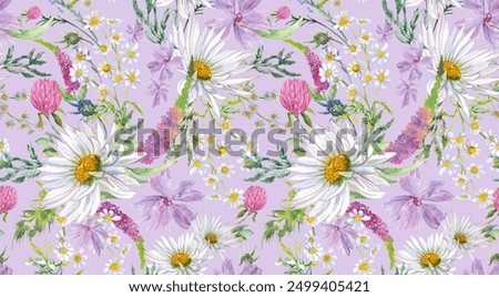 Summer seamless pattern with daisy clover flowers and other wildflowers drawn