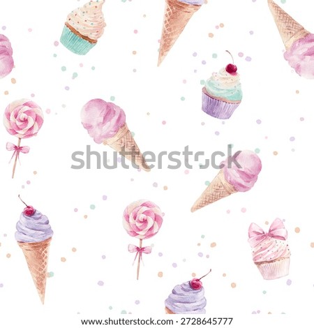 Summer seamless pattern with hand drawn watercolor ice cream, cupcakes and candy. Sweet pastel pink texture in modern playful style, perfect for fabric, textile prints, wallpaper, wrapping paper and