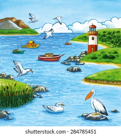 Summer seascape watercolor illustration with lighthouse, boats, seagulls and birds. 