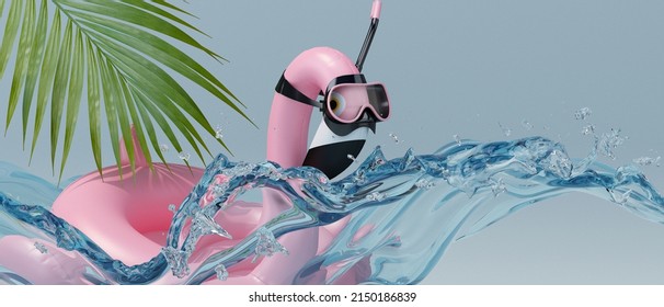 Summer Season Concept Blue Background. Flamingo Inflatable Toy In Scuba Diving Goggles Jump Splashing Water And Palm Tree Design For Banner, Cover, Greeting Card, Brochure. 3d Rendering Illustration.