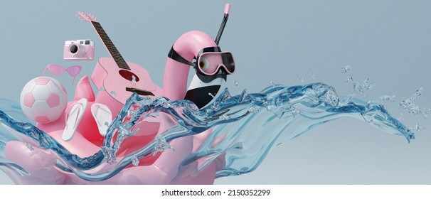 Summer Season Concept Blue Background. Flamingo Inflatable Toy In Scuba Diving Goggles And Guitar, Sandals, Film Camera, Ball, Sunglasses, Jump Splashing Water. 3d Rendering Illustration.