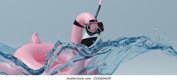 Summer Season Concept Blue Background. Flamingo Inflatable Toy In Scuba Diving Goggles Jump Splashing Water Design For Banner, Cover, Greeting Card, Brochure. 3d Rendering Illustration.