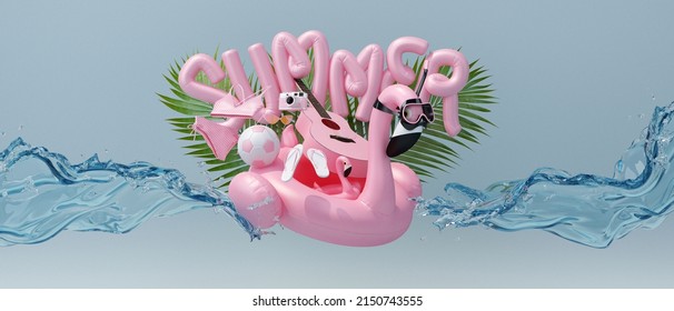 Summer Season Concept Blue Background. Flamingo Inflatable Toy In Scuba Diving Goggles And Guitar, Bikini, Sandals, Film Camera,  Sunglasses, Palm Tree, And Baby Jump Splashing Water. 3d Rendering