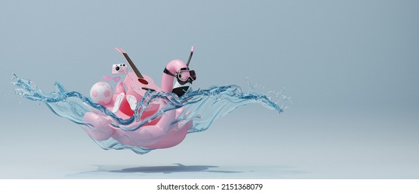 Summer Season Concept Blue Background. Flamingo Inflatable Toy In Scuba Diving Goggles And Guitar, Sandals, Film Camera, Ball, Sunglasses, Jump Splashing Water. 3d Rendering Illustration.