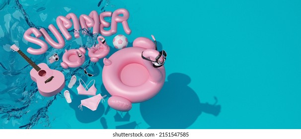 Summer Season Concept Blue Background. Flamingo Inflatable Toy In Scuba Diving Goggles And Guitar, Sandals, Film Camera, Ball, Bikini, Sunglasses, Jump Splashing Water. 3d Rendering Illustration.